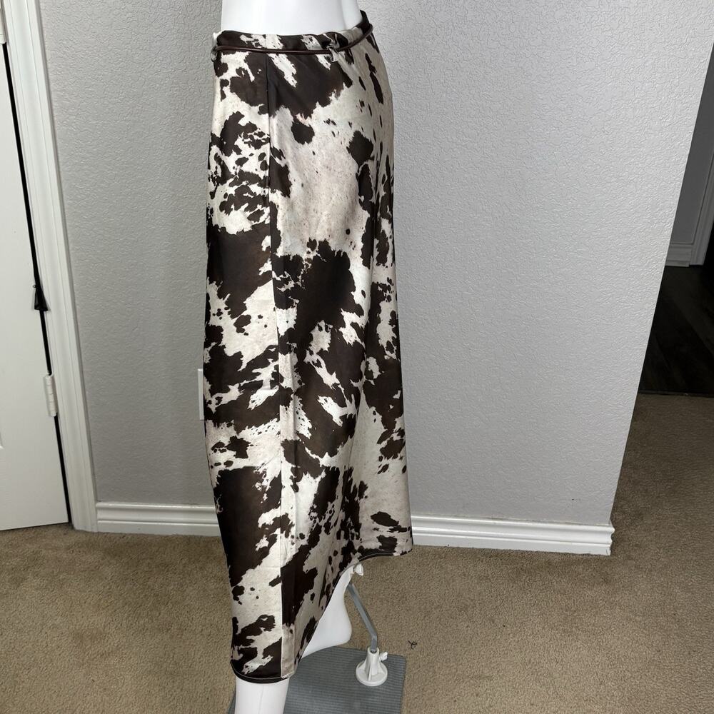 RACHEL ZOE Satin Maxi Skirt Brown Ivory Cow Print Rodeo Concert Cowgirl Size 4 - Picture 2 of 6